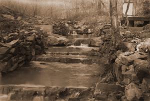 Caption reads:  "Figure 7. Gaging Point No. 3, West Hoover Creek.  Watershed area 159.5 acres."    From "Report on the Hoover-Nesbitt Creek Watersheds, Irons Fork Experimental Forest" by Norman E. Hawes, unpublished 10 page report written on April 9, 1940.