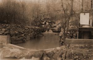 Caption reads:  "Figure 8. Gaging Point No. 3, West Hoover Creek.  Watershed area 159.5 acres."    From "Report on the Hoover-Nesbitt Creek Watersheds, Irons Fork Experimental Forest" by Norman E. Hawes, unpublished 10 page report written on April 9, 1940.