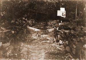 Another view of the weir and gaging station at point #4 on East Hoover Creek, likely taken in late summer or early fall (due to leaves on trees).