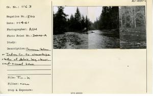 Panorama taken on Indian Creek to characterize status of debris, logs, stumps, sand-gravel bars. Three photos glued together. Photo point: INDIAN-A.