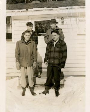 Staff of the Adirondack Research Station. Left to right: Front Row -- G. Lavoy, Harold Martin  Back Row -- F.M. Rushmore, J.R. Curry.