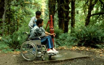 Photo of two people at a handpump in a forested area. One person is using a wheelchair. The other person is pumping water using the long handled pump.