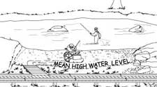 Illustration of a person using a wheelchair holding a fishing pole and scrounging in a tackle box, while another person wearing waders fishes in the river. Text shows the location of the mean high water level.