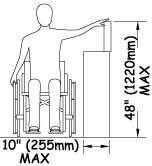 Illustration of a person using a wheelchair, reaching to the side over a narrow obstacle to demonstrate reach limits, as explained in the paragraph above.
