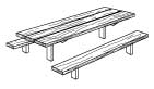 Illustration of an accessible picnic table with lumber top, detached benches, and steel supports.