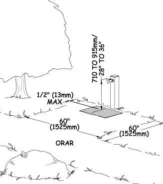Illustration of a campground water hydrant adjacent to an outdoor recreation access route. Dimensions show hydrant height and clear space requirements as explained in the paragraphs above. A dimension also shows that if there is a grate to control water splash or runoff, gaps between grate slats cannot be more than one-half inch (13 millimeters) wide.