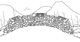 Illustration of interpretive signs with a mortared rock base that is located to provide a barrier between a viewing area and a dropoff.