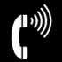 Schematic illustration of a telephone handset with six curved lines schematically representing sound waves to the right of the top end of the handset.