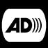 Illustration of the letters AD. Three curved lines schematically representing sound waves are at the right side of the letter D.