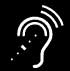 Schematic illustration of an ear with two curved lines representing sound waves to the right of the upper ear, and schematic representation of a sliding volume adjustment bar below the opening of the ear.