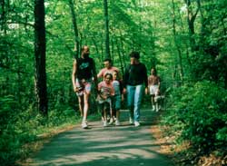 Photo of four adults, two children, and a service dog walking on a paved trail.
