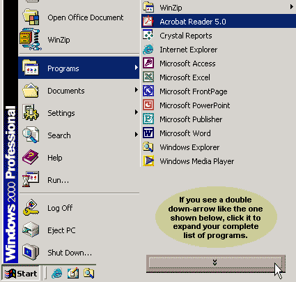 Graphic showing the menu options to select for opening the Adobe Acrobat Reader program on a Windows 2000 Forest Service computer system.