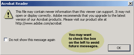 Graphic image of the dialog box warning about the limitations of Adobe Acrobat Reader version 5.0.