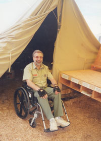 Forest Service employee in wheelchair at incident command center.