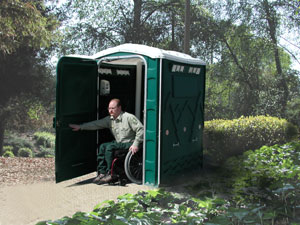 A gentleman in a wheelchair accessing the accessible toilets.
