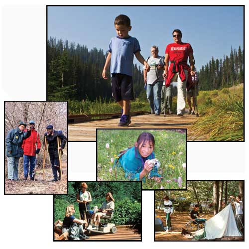 counter clockwise, start with the large photo: Photograph of three generations enjoying a hike, a photograph of a Forest Service employee points out a good fishing spot that an injured recreationist can reach on crutches, a photograph of an accessible boardwalk which makes it possible for three friends to enjoy the wetlands together, a photograph of young girl is having fun taking photos at a meadow in the Uncompaghre Wilderness, a photograph of campground that meets outdoor accessibility requirements. 