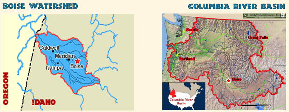 Maps outlining the area of the Boise Watershed & The Columbia River Basin
