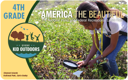 A graphic showing the 2022 4th grade pass with the words America the Beautiful on the graphic and a small girl holding a magnifying glass.
