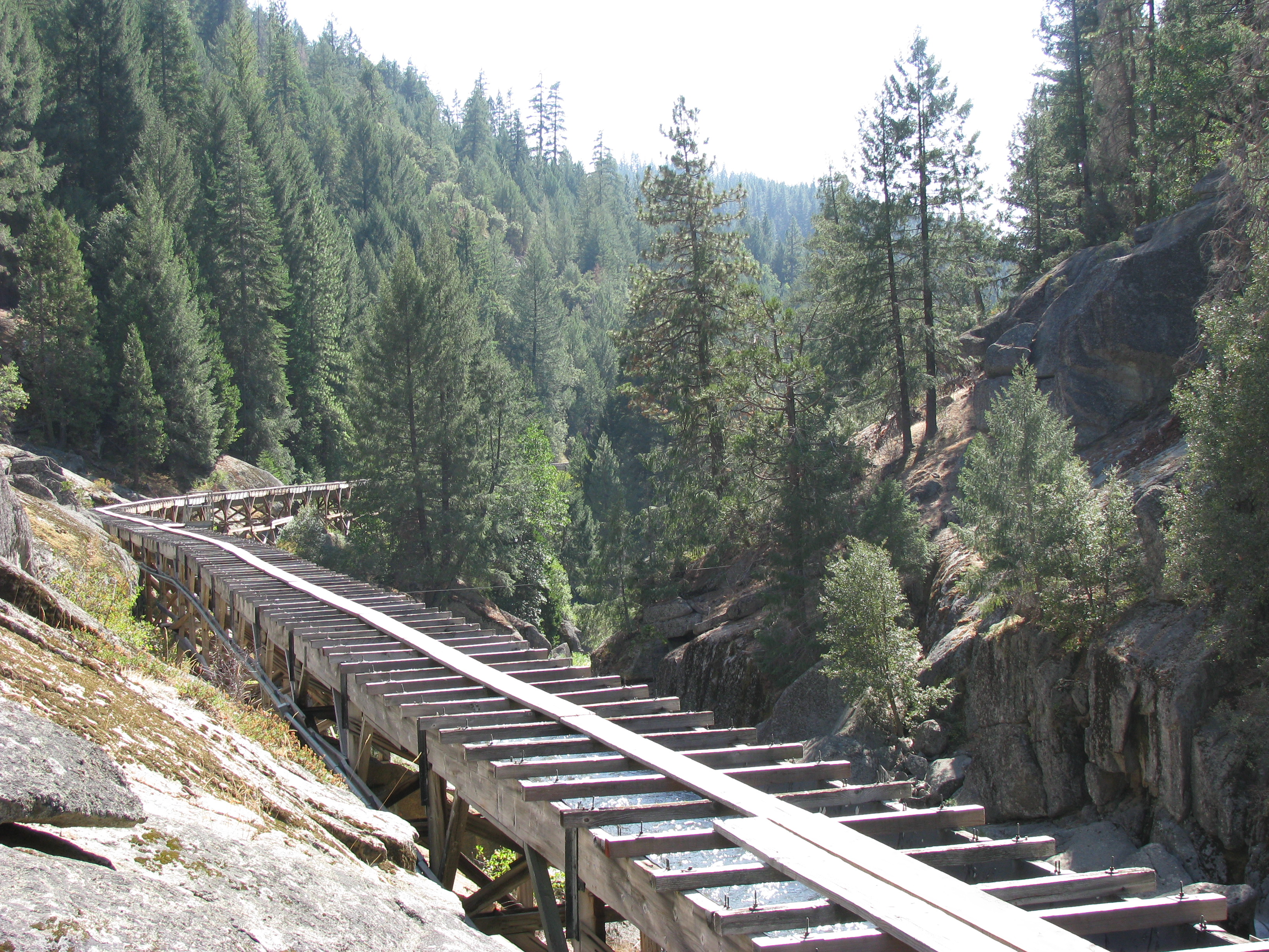 A picture of a flume that is essentially an elevated canal system; a structure make out of wood and used to move large volumes of water through the forest.