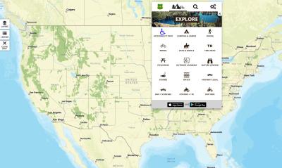 Screen capture of the Forest Service Interactive Visitors Map with Explore menu.