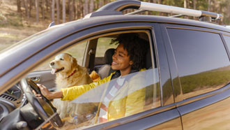 Women driving in a car with a dog