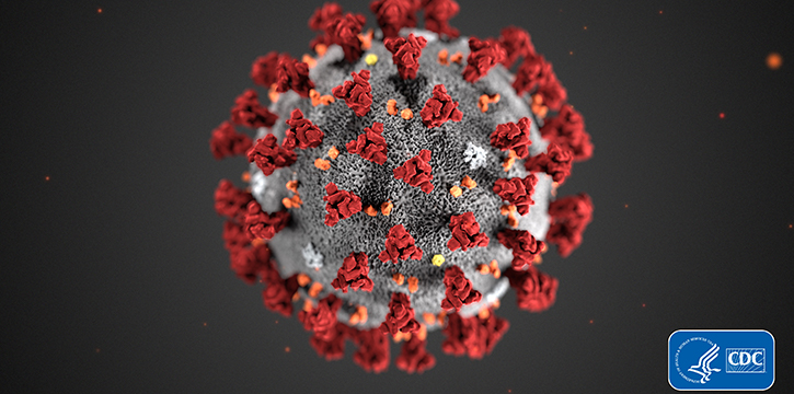A graphic that represents the COVID-19 virus with a CDC logo on the image as well.