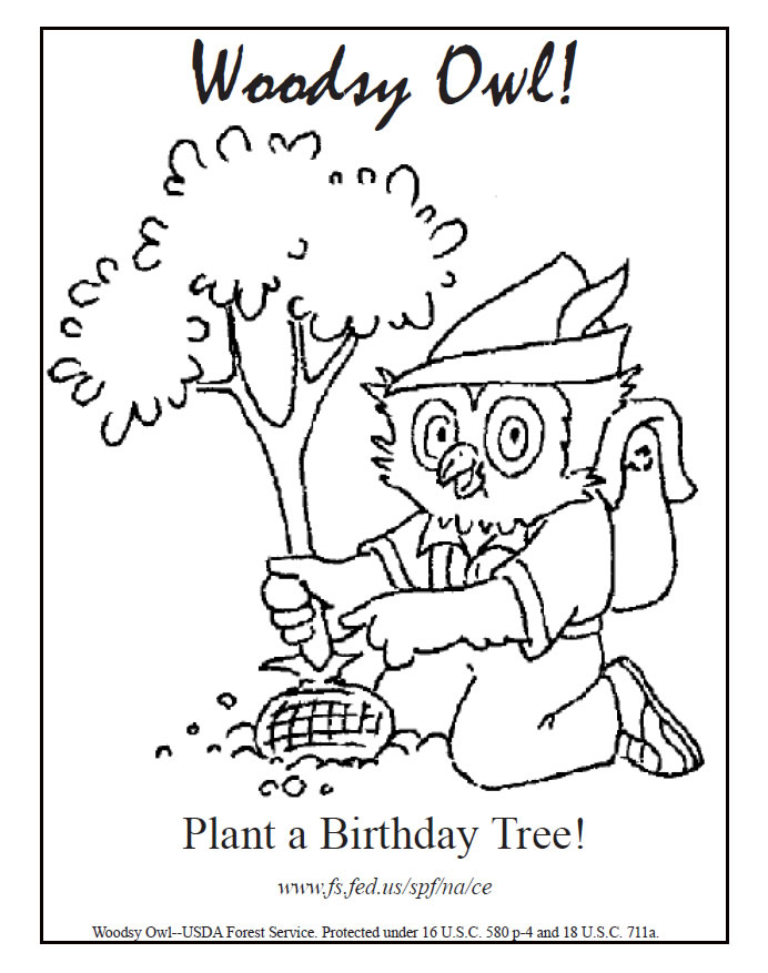 Woodsy Owl color page, plant a birthday tree