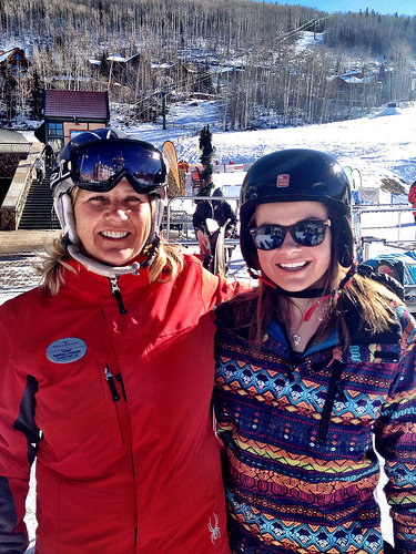 Kristin Merony and Tammy Randall-Parker after Kristin’s first solo run down the mountain after a day of ski lessons.