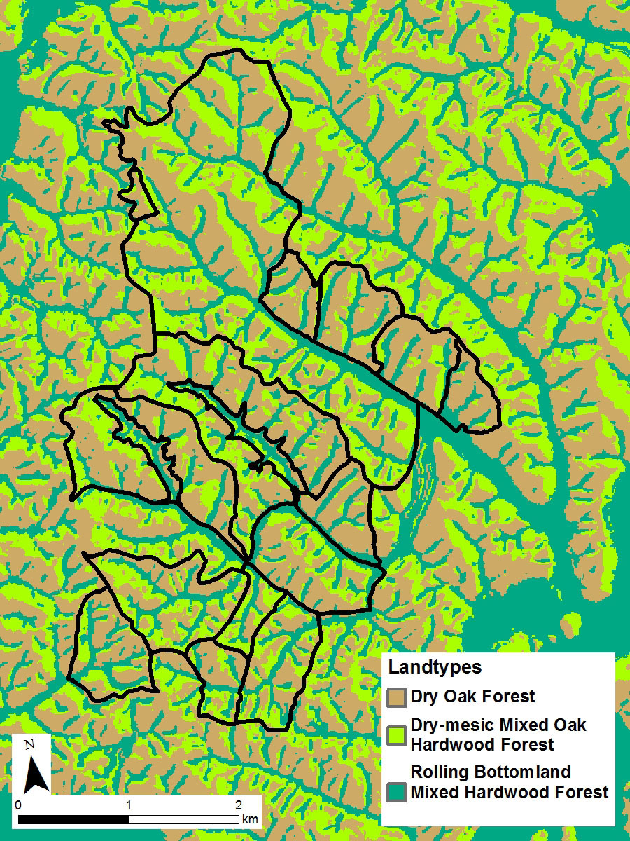 Map: Project area outlined on map showing different forest types: dry oak forest, dry-mesic mixed oak hardwood forest, or rolling bottom land mixed hardwood forest.