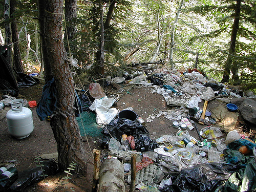 A photo of a small portion of the garbage and debris left in the forest at a drug trafficking organization's marijuana grow site on the Shasta-Trinity National Forest in California. 