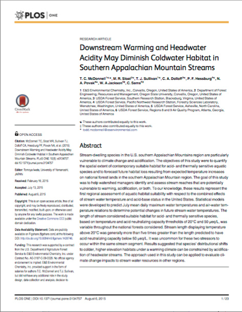 Cover of scientific journal Downstream Warming and Headwater Acidity May Diminish Coldwater Habitat in Southern Appalachian Mountain Streams