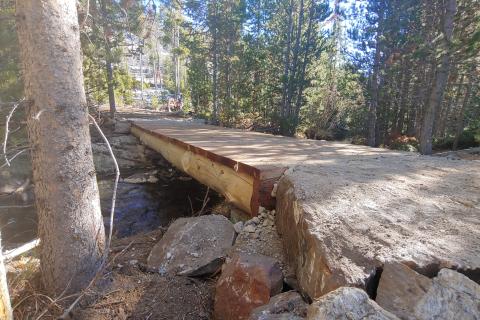 A picture of a wood constructed bridge in a dense forested area.