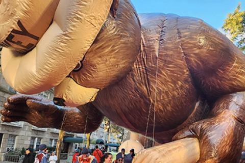Smokey bear balloon towers above people on street