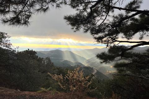 The sun rising over mountains, behind clouds, creating multiple sunbeams.