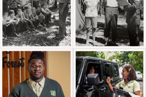 Image is a collage of four images. Top left is a black and white image showing a man speaking to a group of boy scouts. Top right is a Forest ranger speaking to a father and son. Bottom left shows a forest ranger addressing the camera. Bottom right shows a forest ranger speaking to a man in a car.