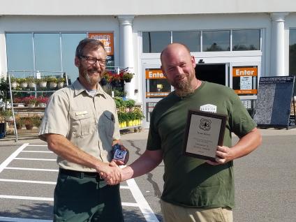 White Mountain National Forest Saco District Ranger Jim Innes presents Regional 2018 Citizen Stewardship and Partnerships Volunteer and Service Award to Brad Bousquet