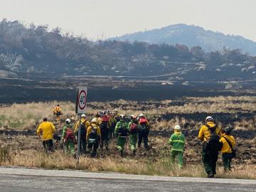 A picture of the Angeles Hot shot crew walking in an open, dry grass area, helping in the fight of Australian bushfires.