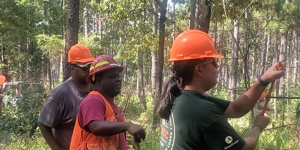 Tribal Youth Conservation Corp participants take a turn in using an increment borer on a tree in a Texas forest.