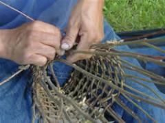 A closeup of a person's hands while weaving a fish trap from plant material