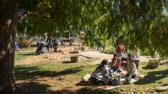 A picture of a group of adults having a picnic in a park area.