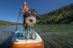A girl paddle boards Wade Lake with her dog in the Beaverhead-Deerlodge National Forest.