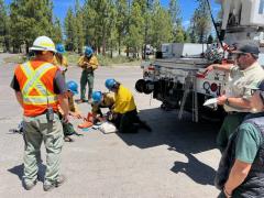 A group of people in hard hats and refelctive vests gathered behind a service truck as two of them are on the ground making repairs