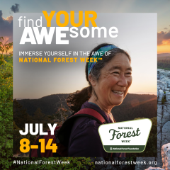 A person wearing a headband and backpack or sling bag. Mountains in background. Text: Find your awesome. Immerse yourself in the awe of national forest week July 8-14.