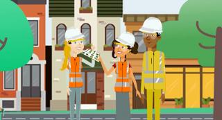 Illustration of three people with hard hats and reflective vests stand on an urban sidewalk between two trees and surrounded by residential buildings.