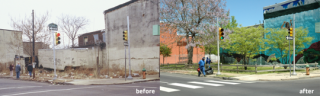 A before and after picture of the same city street corner location showing a dilapidated street corner and in the next picture the same street corner rejuvenated corner with a clean building, growing trees and a grassy area.