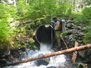 A picture of an employee working at the end of a large culvert with water coming out of it.