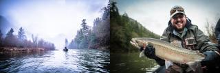 Two pictures side-by-side with one showing a river and boat and the other a fisherman holding a large salmon.