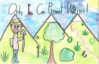 First grade entry for national grand prize in Smokey poster contest. A tall, skinny Smokey holds a shovel. He stands in front of mountains and next to a tree. Sun is in the upper right corner. Text: Only You Can Prevent Wildfires!