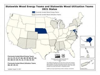 A map of the U.S. that shows Statewide Wood Energy Teams and Wood Utilization Teams 2021 Status