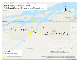 Map shows sites where trees effected by emerald ash borer were removed. Map shows highway Route 37 corridor in upstate New York.
